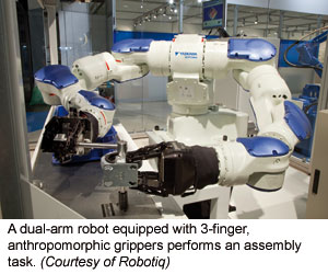 A dual-arm robot equipped with 3-finger, anthropomorphic grippers performs an assembly task (Courtesy of Robotiq)